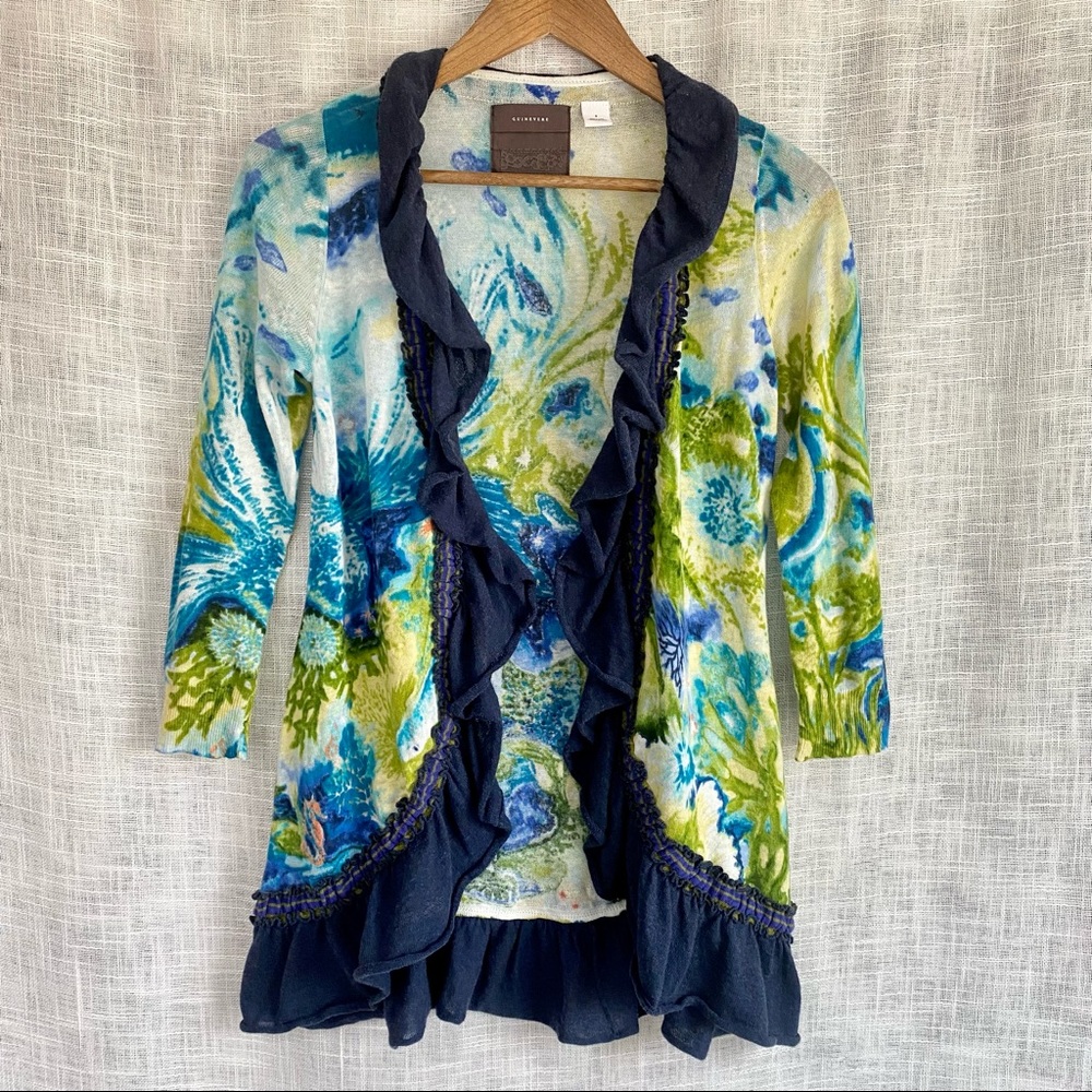 Anthropologie Guinevere Ruffle Front Blue Green Cardigan Sweater Small